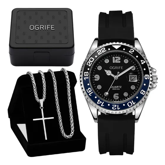 Relogio Corrente Masculina Cruz Prata Kit-82 Colar Aço Inox