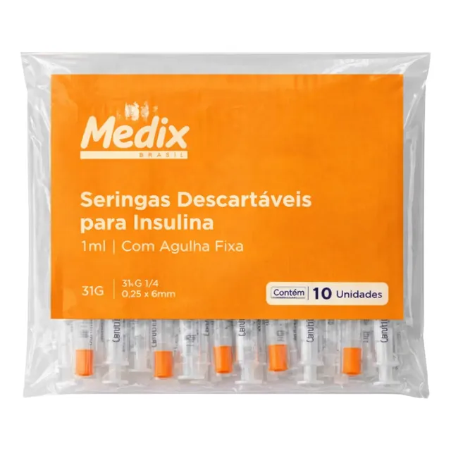 Seringa Insulina 1ml Ag Fina 6x0,25mm 31g - Kit 10un Medix 1 Ml