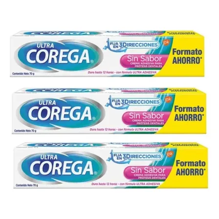 Corega Ultra Crema Sin Sabor 70g 3 Unidades