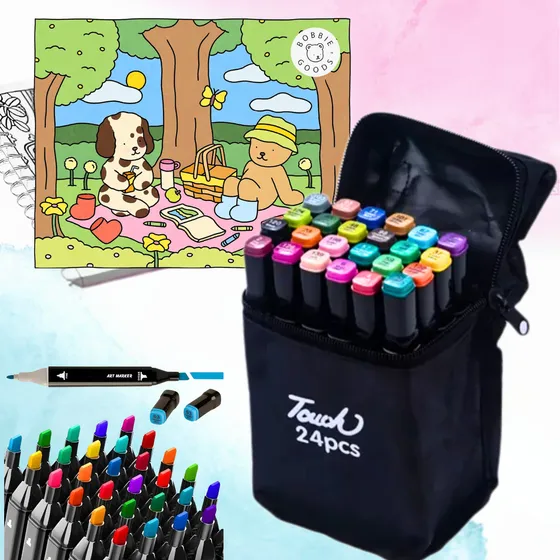 Kit Livro Bob Good Canetinhas 24 Cores Touch Ponta Dupla