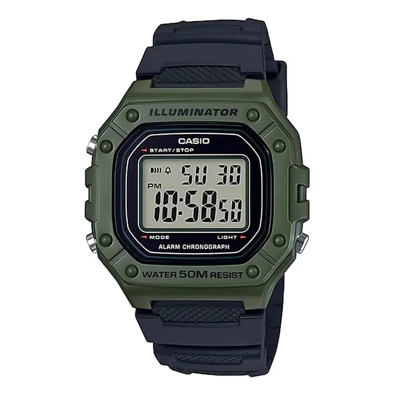 Reloj de pulsera Casio Youth W-218H-3A, digital, para hombre, fondo gris, con correa de resina color negro, dial negro, minutero/segundero negro, bisel color verde, luz ámbar y hebi
