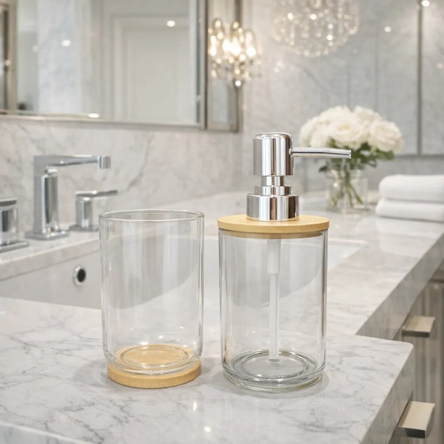 Dispenser Sabonete Liquido Porta Escovas Kit Lavabo Bambu Transparente