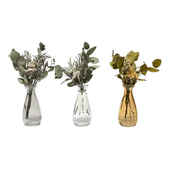 Florero Vidrio 12cm + Ramo Flores Secas Adorno Deco Regalo