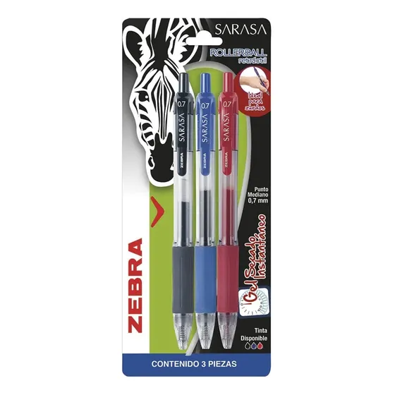 Boligrafo De Gel Retractil 3 Colores Zebra Sarasa Rollerball
