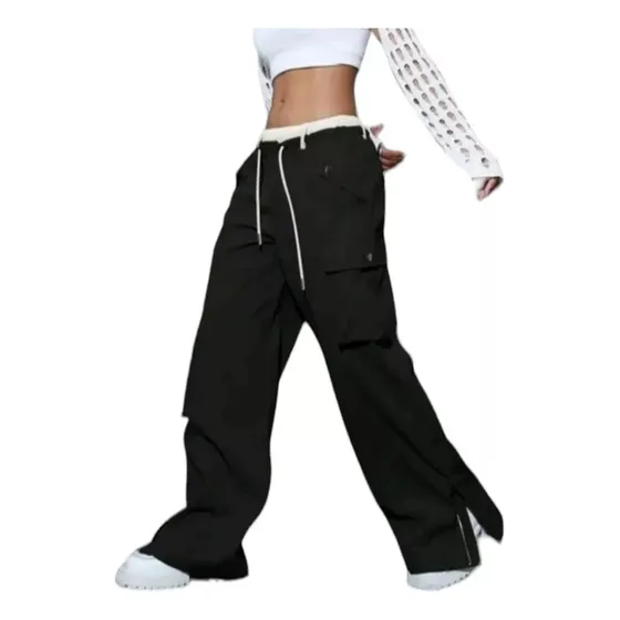 Pantalón Cargo Con Bolsillo Y Solapa Color Negro 