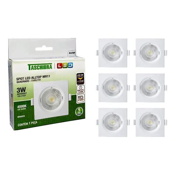 Kit 10 Spot Led Embutir Quadrado Alltop Mr11 3w Taschibra