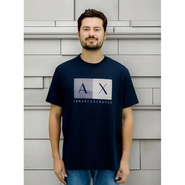 Playera Armani Exchange Azul Marino Logo Gris