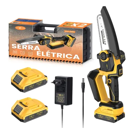 Mini Motosserra Moto Serra Portátil Elétrica Com 2 Baterias De 6 Polegadas 2 Baterias De 21v Maleta De Transporte Sem Fio Potência 600w De Potência Sabre 2000mnah Amarelo 127/220v 50 Hz/60 Hz