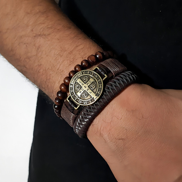 Pulseira Masculina De Couro São Bento Kit C/03 Pulseira Masculina De Couro São Bento Kit C/03