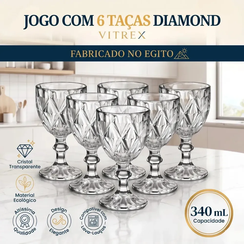 Jogo 6 Taças De Cristal 340ml Diamond Transparente Lapidado Vitrex