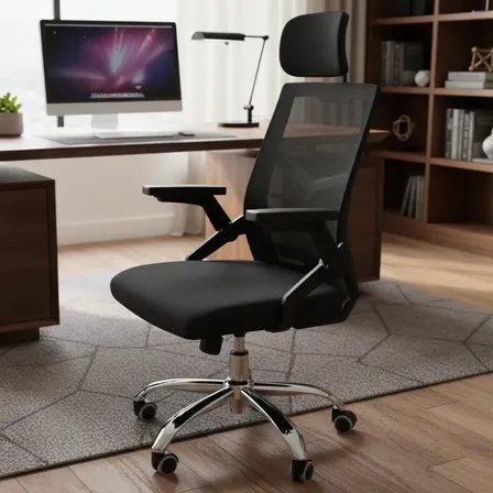 Cadeira Escritório Ergonômica Mesh Apoio Cabeça Giratória Preto Tecido