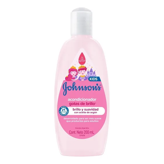 Acondicionador Johnson's Kids Gotas de Brillo x 200 ml con aceite de argan Hipoalergenico Libre de parabenos sulfatos y colorantes. Realza el brillo y deja un toque sedoso