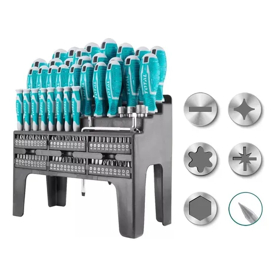 Set, Juego De Destornilladores Y Puntas Total, Imantados, 100 Piezas - Chatos, Phillips, Torx, Pozidriv, De Precisión - Incluye Vástago Magnético Y Organizador - THT2506100