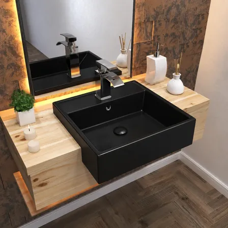 Cuba De Semi Encaixe Ceramica Quadrada Preta 42cm Preto Esmaltado
