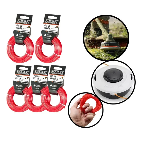 5 Fio De Nylon Rocast P/roçadeiras Corte De Grama 1,8mm 30m