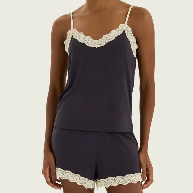 Pijama Curto Feminino Em Viscose Com Renda Hering Azul
