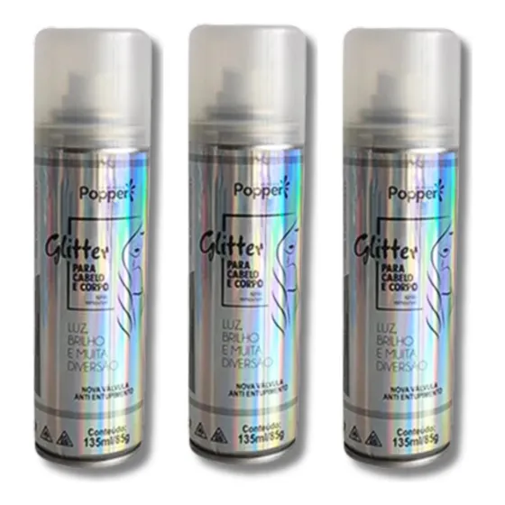 Kit 3 Spray Glitter Prata Holográfico Cabelo Corpo Carnaval
