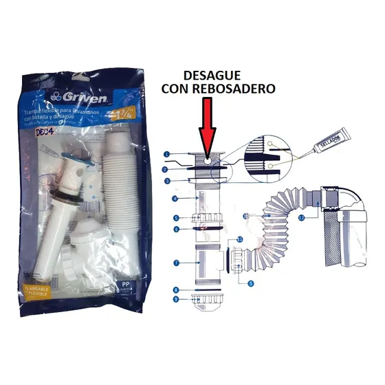 Desague Con Sifon Extensible 1 1/4 Con Rebosadero
