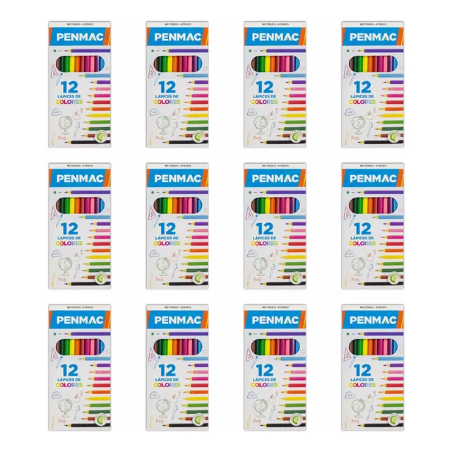 12 Cajas De Lapices Escolares Penmac Largos X 12 Colores