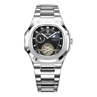 Reloj Hombre 24 Horas Impermeable Tourbillon Reloj Mecánico Correa Plateado Bisel Plateado Fondo Negro Reloj Hombre 24 Horas Impermeable Tourbillon Reloj Mecánico Correa Plateado Bisel Plateado Fondo Negro