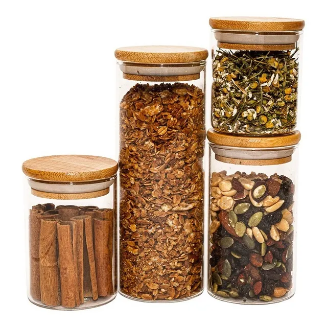 Potes De Vidro P/ Mantimentos C/ Tampa Bambu Oikos - 4 Pçs Cor Marrom-claro Potes De Vidro P/ Mantimentos C/ Tampa Bambu Oikos - 4 Pçs Cor Marrom-claro