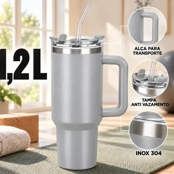Copo Térmico Caneca Cinza Garrafa 1,2L 1200ml Inox Com Alça Tampa Anti-vazamento Canudo Parede Dupla Quente Fria Carro Academia Viagem Sólar
