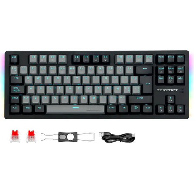 TERPORT Teclado Mecánico TKL 80% Español TR95 Switch Huano Rojo Hotswap, Cable Desmontable, Retroiluminación Azul Y Luz Lateral Rgb, Teclado Gamer de 88 Teclas Anti-ghosting Para Juegos - Gris/Negro