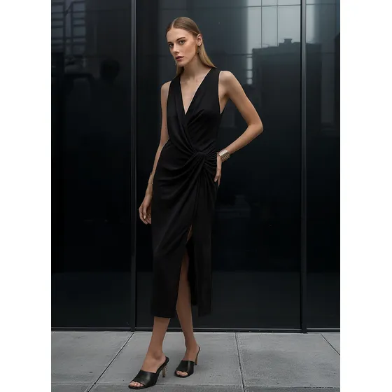 Vestido Iódice Midi Decote V Torção Frente Preto