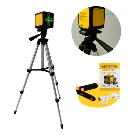 Nível A Laser Verde 2 Linhas Esquadro + Suporte + Tripé Recarregavel Profissional Prumo 20m Autonivelante Mestri