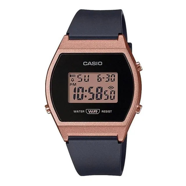 Reloj pulsera digital Casio LW-204 con correa de resina color negro - fondo rosa - bisel oro rosa