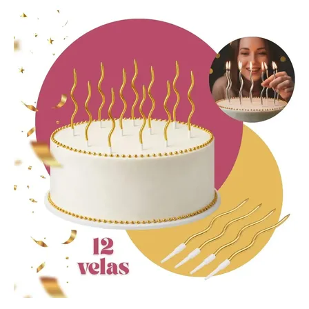 Kit 12 Velas de Aniversário Espiral Palito Metalizada Dourada