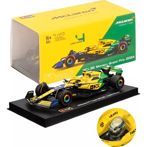 Miniatura Carrinho Formula 1 Lando Norris Mclaren 1:43 Edição Special Senna 2024 Com Piloto #4 Caixa Acrílica
