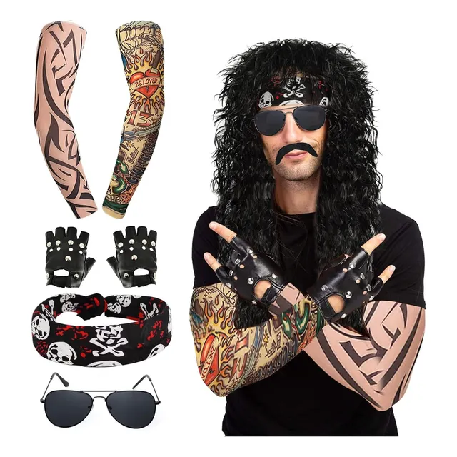Disfraz Bibarajm Rocker, 7 Unidades, Para Hombre, Con Peluca