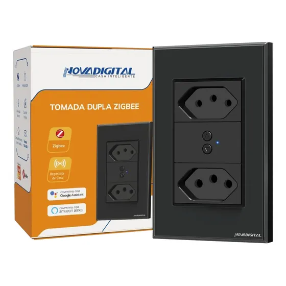 Tomada Inteligente Dupla Zigbee 10a 20a Novadigital NTS2 Tuya Smart Life Alexa Google 110V 220V Smart Preta