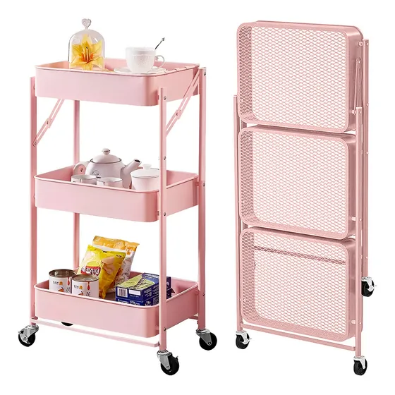 Organizador Multiuso Carrito Plegable Metálico De 3 Estantes Color Rosa