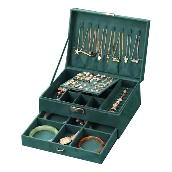 Joyero Organizador De Joyas 2 Niveles Con Cajon Verde Color Verde Oscuro