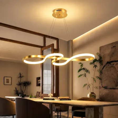 Lustre Pendente LED Moderno Dourado Ondulado, Luminaria LED Decorativa para Sala e Quarto, Design Sofisticado, Iluminação Elegante, Lustre Sala, Luminarias Modernas, Tieesa D001 Dourado