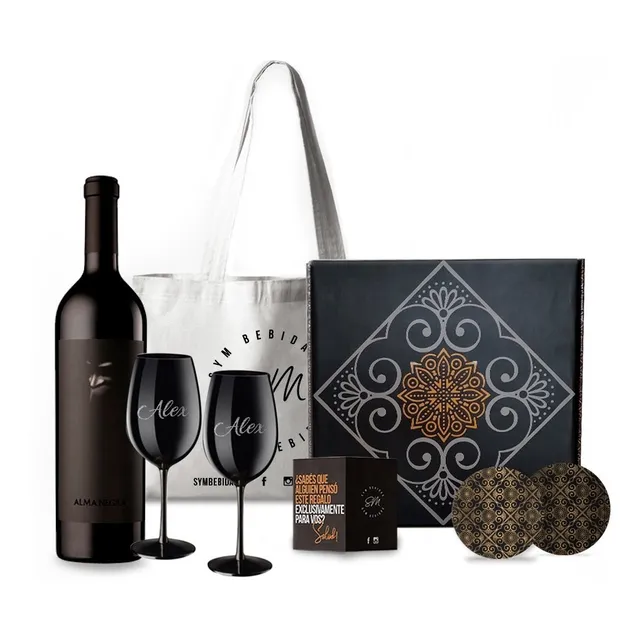 Box Alma Negra Tinto + 2 Copas Negras Grabadas. Ideal Regalo