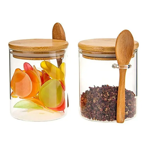 X2 Frascos De Vidrio 400 Ml Tapa De Bambú + Cuchara Color Transparente
