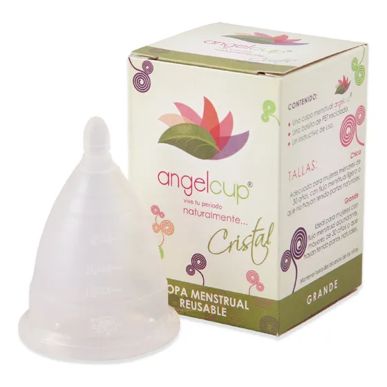 Copa menstrual Angelcup de silicona certificada color Cristal talla grande fujo abundante