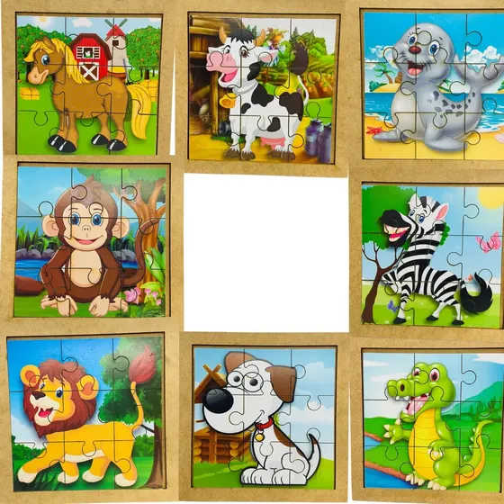 Kit 10 Quebra Cabeça Mdf 9 Peças Animais Infantil Educativo