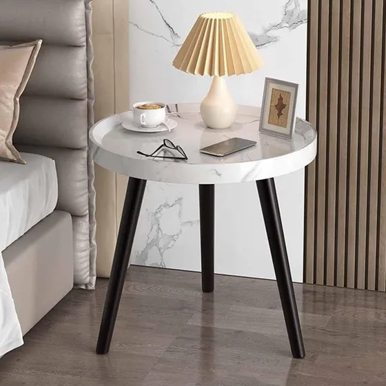 Mesa Auxiliar Ratona 50cm Diámetro Imitación Mármol Blanco