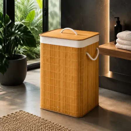Cesto Bambu Organizador Roupas Grande Tampa Alça 50 Litros Bege