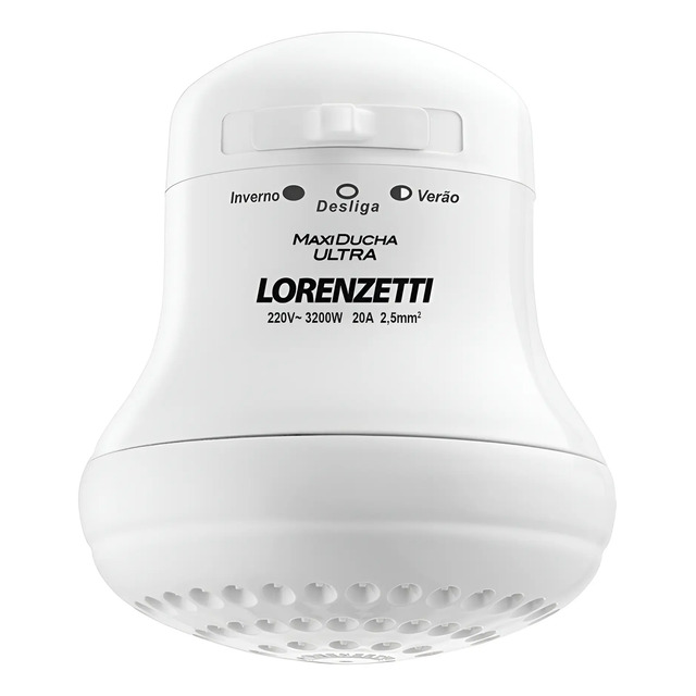 Chuveiro Maxi Ducha Ultra Lorenzetti na cor branca com seletor de temperatura e especificações técnicas visíveis no corpo do aparelho