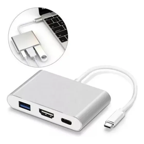 Adaptador Extensor Yocahu 3 Em 1 Hdmi Usb-c Usb 3.0 Pd Ultra Hd 4k Hub Macbook Dex Galaxy S8 S9 S10 S20 S21