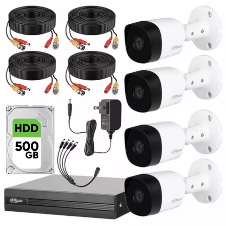 Dahua Kit CCTV 4 Cámaras 2 Mp  + Disco Duro 500 Gb Kit de Video Vigilancia con Accesorios Incluidos Cámaras de Seguridad con Detección de Movimiento