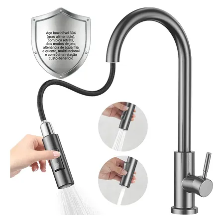 Torneira Gourmet Bancada Misturador Monocomando Para Cozinha Cinza Fosco