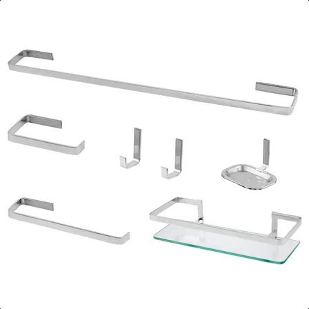 Kit Acessorio Para Banheiro Com 7 Peças Quadrado Todo Metal Prateado