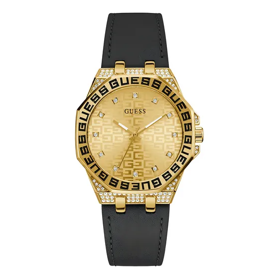 Reloj pulsera Guess GW0547L3 con correa de cuero color negro - fondo dorado