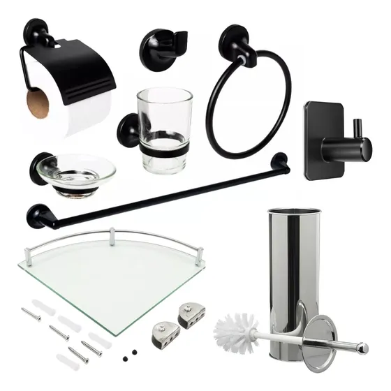 Set Accesorios Baño Completo Ducha Acero Inox Vidrio Toalla Toallero Esquinero Vidrio Cepillo Inodoro Jabonera Porta Rollo Color Negro Con Plateado